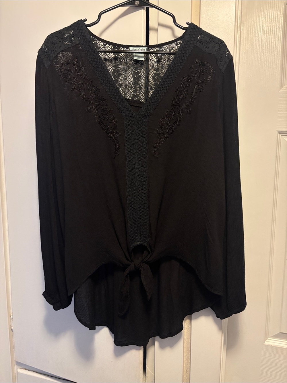 Nostalgia Black Lace-Detail Tie-Front V-Neck Blouse